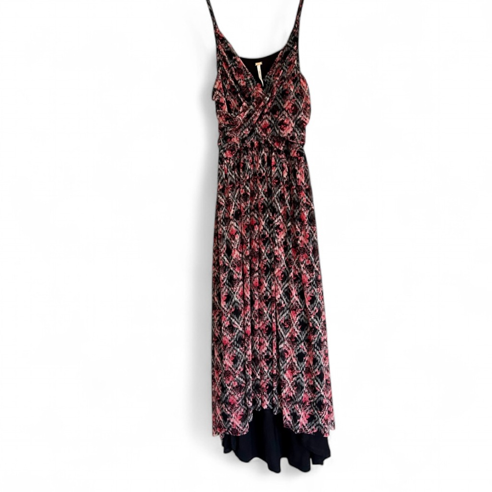 FREE PEOPLE Plaid Floral Mesh Hi-Low Midi Dress Sleeveless Indie Sleeze | Size S